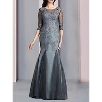 Mermaid  Trumpet Mother of the Bride Dress Wedding Guest Elegant Scoop Neck Floor Length Chiffon Half Sleeve with Lace Ruching 2023 Lightinthebox - thumbnail