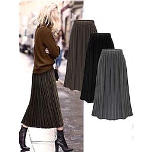 Women's Skirt A Line Long Skirt Midi Polyester Velvet Black Brown Grey Skirts Winter Pleated Fashion Casual Family Gathering Going out M L XL miniinthebox