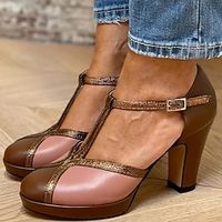 Women's Heels Platform Boots Mary Jane Work Buckle Platform Chunky Heel Round Toe Punk Elegant Walking PU Buckle Color Block Black Brown miniinthebox - thumbnail