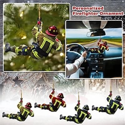 4pcs Firefighter Ornament For Christmas Tree Car Rearview Mirror Hanging Pendant, Acrylic Firefighter Uniform Christmas Ornament Decorations Gift For Xmas Holiday Party miniinthebox