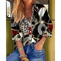 Women's Shirt Blouse Leopard Black Royal Blue Blue Print Button Long Sleeve Casual Fashion Shirt Collar Regular Fit Spring   Fall Lightinthebox - thumbnail