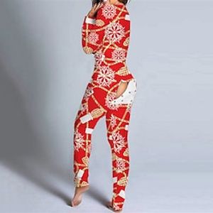 Women's ChristmasPjs Plus Size Pajamas Onesies Jumpsuits One Piece Snowflake Fashion Comfort Soft Home Carnival Gift Long Sleeve Button Winter Fall Red Lightinthebox