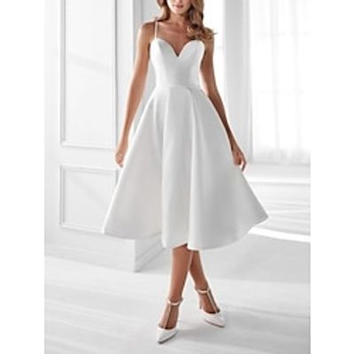 Hall Little White Dresses Wedding Dresses A-Line Camisole Sleeveless Tea Length Satin Bridal Gowns With Pleats Solid Color 2023 Lightinthebox