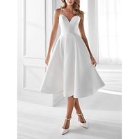 Hall Little White Dresses Wedding Dresses A-Line Camisole Sleeveless Tea Length Satin Bridal Gowns With Pleats Solid Color 2023 Lightinthebox - thumbnail