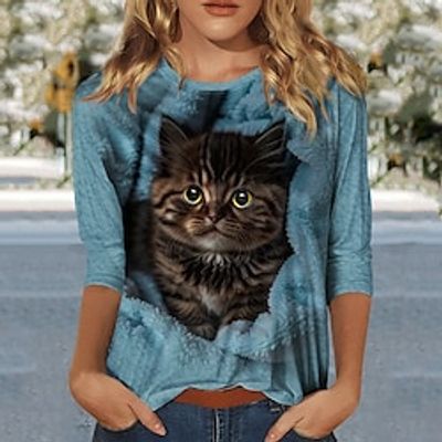Women's T shirt Tee Cat 3D Casual Pink Blue Purple Print Long Sleeve Fashion Round Neck Regular Fit Spring   Fall Lightinthebox
