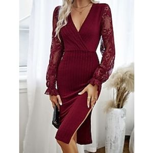 Women's Bodycon Plain Dress Midi Dress Lace Eyelet Work Daily Date Active Fashion V Neck Long Sleeve 2023 Regular Fit Wine Color S M L XL Size Lightinthebox