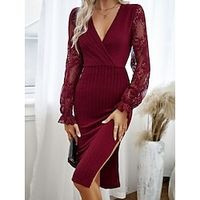 Women's Bodycon Plain Dress Midi Dress Lace Eyelet Work Daily Date Active Fashion V Neck Long Sleeve 2023 Regular Fit Wine Color S M L XL Size Lightinthebox - thumbnail