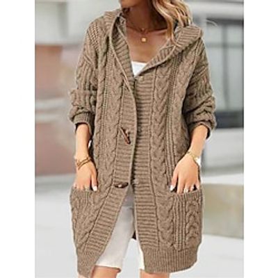 Women's Cardigan Sweater Hooded Cable Knit Cotton Pocket Oversized Fall Winter Long Outdoor Daily Going out Stylish Casual Soft Long Sleeve Solid Color Khaki Beige Gray S M L Lightinthebox