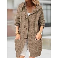 Women's Cardigan Sweater Hooded Cable Knit Cotton Pocket Oversized Fall Winter Long Outdoor Daily Going out Stylish Casual Soft Long Sleeve Solid Color Khaki Beige Gray S M L Lightinthebox - thumbnail