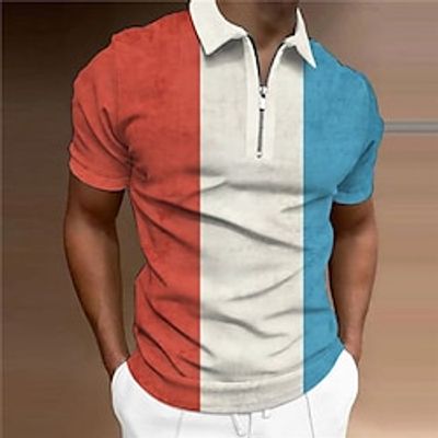 Men's Golf Shirt 3D Print Striped Turndown Street Casual Zipper Print Short Sleeves Tops Designer Casual Fashion Breathable Red  Summer Lightinthebox