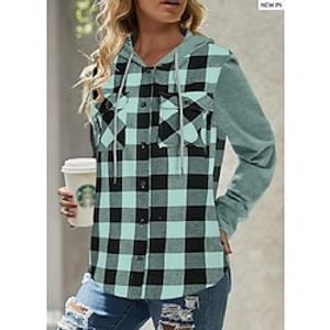 Women's Shirt Blouse Green Plaid Button Pocket Long Sleeve Casual Basic Hooded Regular S Lightinthebox