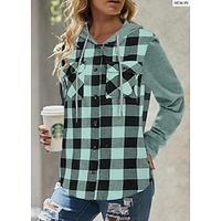 Women's Shirt Blouse Green Plaid Button Pocket Long Sleeve Casual Basic Hooded Regular S Lightinthebox - thumbnail