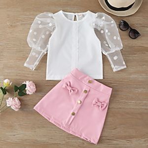 Kids Girls' Clothing Set 2 Pieces 34 Length Sleeve Pink Solid Color Puff Sleeve Bow Indoor Outdoor Cute Sweet Regular Above Knee 2-6 Years Lightinthebox