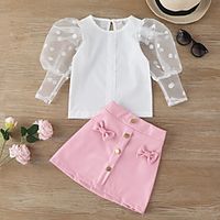 Kids Girls' Clothing Set 2 Pieces 34 Length Sleeve Pink Solid Color Puff Sleeve Bow Indoor Outdoor Cute Sweet Regular Above Knee 2-6 Years Lightinthebox - thumbnail