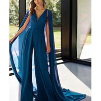 Jumpsuit / Pantsuit Mother of the Bride Dress Formal Wedding Guest Elegant Vintage V Neck Floor Length Detachable Chiffon Sleeveless with Pleats Solid Color 2024 blue wedding guest dress Lightinthebox