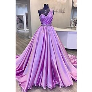 Ball Gown Evening Gown Luxurious Dress Wedding Party Court Train Sleeveless One Shoulder Belt  Sash Charmeuse with Ruched Crystals 2023 Lightinthebox