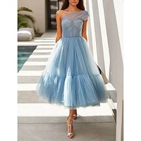 A-Line Prom Dresses Elegant Dress Formal Tea Length Sleeveless One Shoulder Tulle with Pleats 2023 Lightinthebox - thumbnail