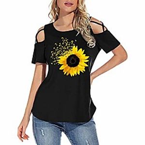 women's summer sunflower t shirts short sleeve tunic strappy cold shoulder tops (black, s) Lightinthebox
