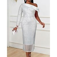 Women's Sequin Dress Christmas Party Dress Cocktail Dress Midi Dress White Long Sleeve Pure Color Sequins Spring Fall Winter One Shoulder Fashion Winter Dress Wedding Guest Lightinthebox - thumbnail