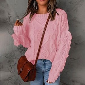 Women's Pullover Sweater jumper Jumper Cable Knit Knitted Pure Color Crew Neck Stylish Casual Outdoor Daily Winter Fall Pink S M L / Long Sleeve / Holiday / Regular Fit / Going out miniinthebox