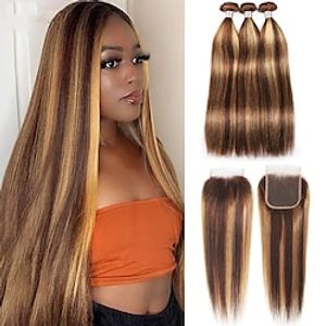 3 Bundles with Closure Hair Weaves Brazilian Hair Straight Human Hair Extensions Remy Human Hair Hair Weft with Closure 10-26 inch Light Brown Dark Brown Women miniinthebox