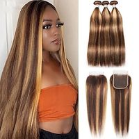 3 Bundles with Closure Hair Weaves Brazilian Hair Straight Human Hair Extensions Remy Human Hair Hair Weft with Closure 10-26 inch Light Brown Dark Brown Women miniinthebox - thumbnail
