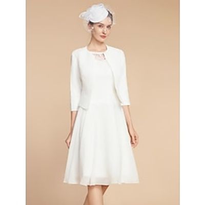 Two Piece A-Line Mother of the Bride Dress Wedding Guest Elegant Petite Jewel Neck Knee Length Chiffon Lace 34 Length Sleeve with Pleats Solid Color 2023 Lightinthebox
