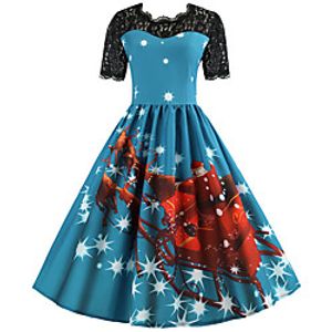 Women's A Line Dress Knee Length Dress Blue Purple Wine Light Red Fuchsia Red Short Sleeve Print Lace Print Fall Winter Round Neck Casual Vintage Christmas 2021 S M L XL XXL 3XL Lightinthebox
