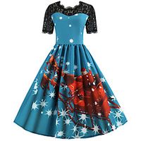 Women's A Line Dress Knee Length Dress Blue Purple Wine Light Red Fuchsia Red Short Sleeve Print Lace Print Fall Winter Round Neck Casual Vintage Christmas 2021 S M L XL XXL 3XL Lightinthebox - thumbnail