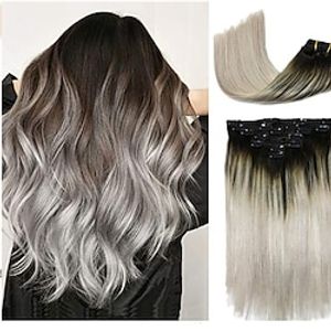 Clip In Hair Extensions Human Hair Ombre Hair Natural Black Fading to Silver Gray Brazilian Hair 120g 7pcs Per Set Remy Hair Full Head Silky Straight Human Hair Clip In Extensions 16 Inch miniinthebox
