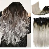 Clip In Hair Extensions Human Hair Ombre Hair Natural Black Fading to Silver Gray Brazilian Hair 120g 7pcs Per Set Remy Hair Full Head Silky Straight Human Hair Clip In Extensions 16 Inch miniinthebox - thumbnail