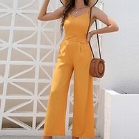Women's Jumpsuit Backless Pocket Solid Color V Neck Casual Daily Holiday Regular Fit Sleeveless Orange S M L Spring miniinthebox - thumbnail