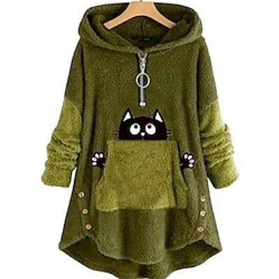 Women's Plus Size Tops Hoodie Sweatshirt Cat Pocket Print Long Sleeve Hooded Casual Teddy Daily Vacation Sherpa Fall Winter Green Lightinthebox