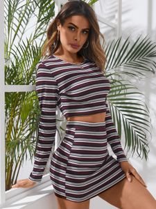 Yoins Burgundy Striped Long sleeves Two Piece Outfits