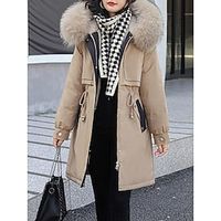 Women's Long Puffer Winter Coat Thicken Parka Thermal Warm with Fur Collar  Pocket Drawstring Hoodie Outerwear Long Sleeve Fall Lightinthebox - thumbnail