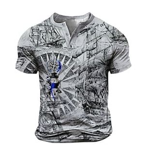 Men's T shirt Tee Henley Shirt Tee Graphic Henley Gray 3D Print Sailboat Plus Size Outdoor Daily Short Sleeve Button-Down Print Clothing Apparel Basic Designer Casual Classic  Summer  Summer Lightinthebox