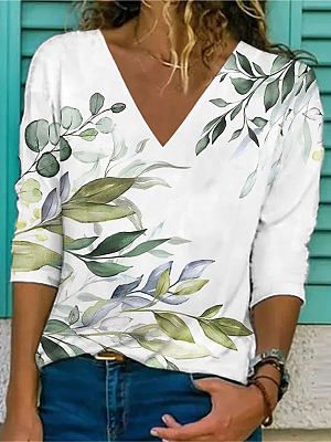 V-neck Casual Loose Floral Print Long Sleeve T-shirt
