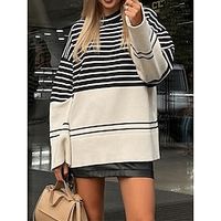 Women's Pullover Sweater Jumper Crew Neck Ribbed Knit Wool Patchwork Fall Winter Regular Outdoor Daily Going out Stylish Casual Soft Long Sleeve Striped White Beige S M L miniinthebox - thumbnail