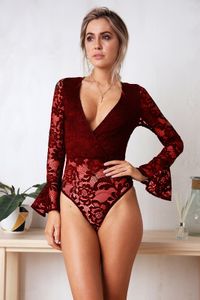 Burgundy Lace Deep-v Neck Bell Sleeves Bodysuit