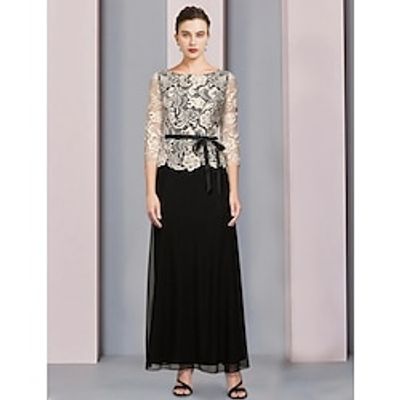 A-Line Mother of the Bride Dress Formal Wedding Guest Elegant Scoop Neck Floor Length Chiffon Lace 34 Length Sleeve with Bow(s) Color Block 2023 Lightinthebox