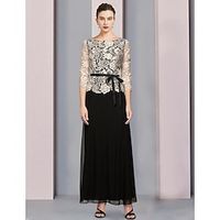 A-Line Mother of the Bride Dress Formal Wedding Guest Elegant Scoop Neck Floor Length Chiffon Lace 34 Length Sleeve with Bow(s) Color Block 2023 Lightinthebox - thumbnail