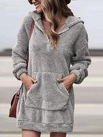 Casual Loose Solid Lamb Wool Hooded Long Sleeve Short Dress