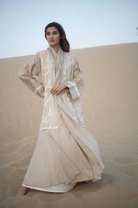 Beige Linen Abaya With Hand Threadwork (M)