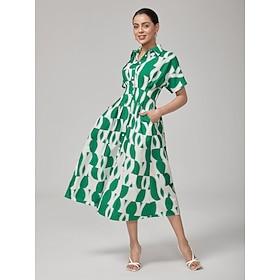 Vintage Green Geometric Pleated Shirt Dress