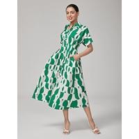 Vintage Green Geometric Pleated Shirt Dress