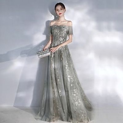A-Line Evening Dresses Glittering Dress Engagement Floor Length Short Sleeve Off Shoulder Spandex with Sequin Appliques 2022  Formal Evening Lightinthebox