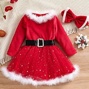 Kids Little Girls' Dress Solid Colored A Line Dress Christmas Fur Trim Ruched Mesh Red Above Knee Long Sleeve Cute Sweet Dresses Christmas Fall Summer Regular Fit 2-6 Years miniinthebox