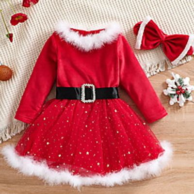 Kids Little Girls' Dress Solid Colored A Line Dress Christmas Fur Trim Ruched Mesh Red Above Knee Long Sleeve Cute Sweet Dresses Christmas Fall Summer Regular Fit 2-6 Years miniinthebox