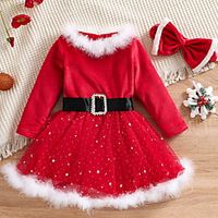 Kids Little Girls' Dress Solid Colored A Line Dress Christmas Fur Trim Ruched Mesh Red Above Knee Long Sleeve Cute Sweet Dresses Christmas Fall Summer Regular Fit 2-6 Years miniinthebox - thumbnail