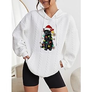 Women's Pullover Graphic Cat Christmas Casual Front Pocket Black White Pink Casual Hoodie Long Sleeve Micro-elastic Fall  Winter Lightinthebox